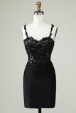 Sheath Spaghetti Straps Black Short Graduation Dress with Appiques