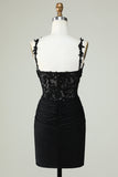 Sheath Spaghetti Straps Black Short Graduation Dress with Appiques