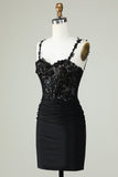 Sheath Spaghetti Straps Black Short Graduation Dress with Appiques