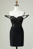 Sheath Spaghetti Straps Black Short Graduation Dress with Appiques