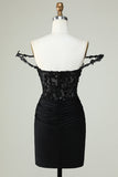 Sheath Spaghetti Straps Black Short Graduation Dress with Appiques