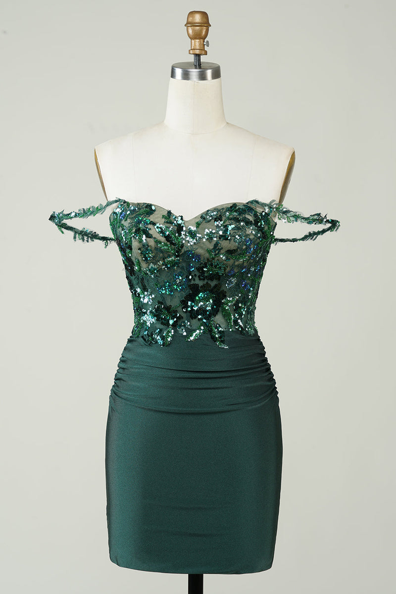 Load image into Gallery viewer, Unique Sheath Off the Shoulder Dark Green Short Homecoming Dress with Appliques