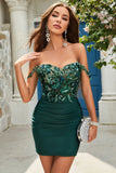 Sheath Off the Shoulder Dark Green Short Graduation Dress with Appliques