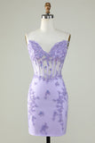 Bodycon Spaghetti Straps Purple Corset Graduation Dress with Appliques