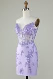 Bodycon Spaghetti Straps Purple Corset Graduation Dress with Appliques