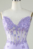 Load image into Gallery viewer, Bodycon Spaghetti Straps Purple Corset Graduation Dress with Appliques