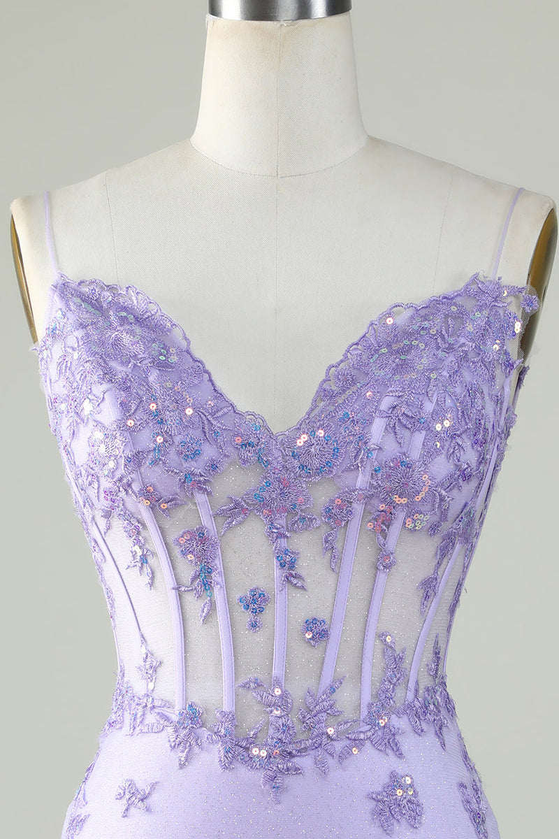 Load image into Gallery viewer, Bodycon Spaghetti Straps Purple Corset Graduation Dress with Appliques