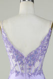 Bodycon Spaghetti Straps Purple Corset Graduation Dress with Appliques