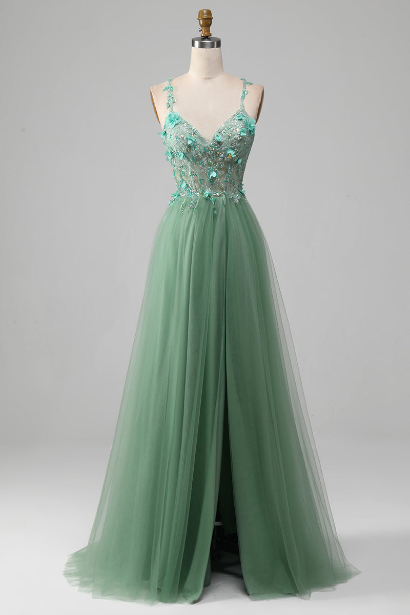 Load image into Gallery viewer, Sparkly Green A-Line Spaghetti Straps Corset Prom Dress With Appliques