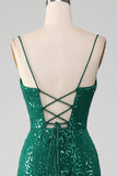 Sparkly Dark Green Beaded Sequins Long Prom Dress with Slit