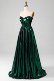 Glitter Dark Green Corset Metallic Long Prom Dress