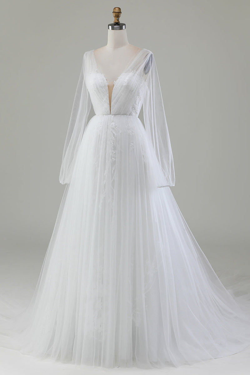 Load image into Gallery viewer, Ivory A-Line V-Neck Pleated Tulle Wedding Dress With Long Sleeves