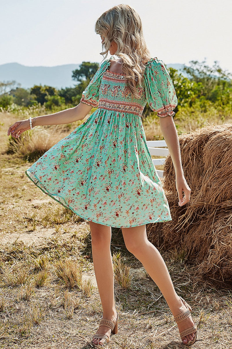 Load image into Gallery viewer, Green Floral Short Sleeves Summer Dress