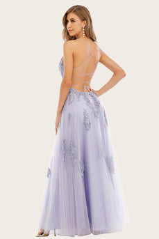 Lavender Tulle Long Prom Dress with Lace