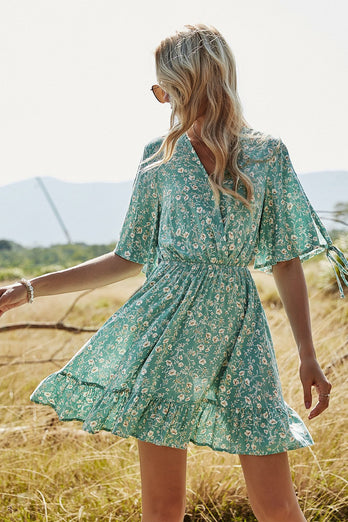 Green Floral Print Summer Dress