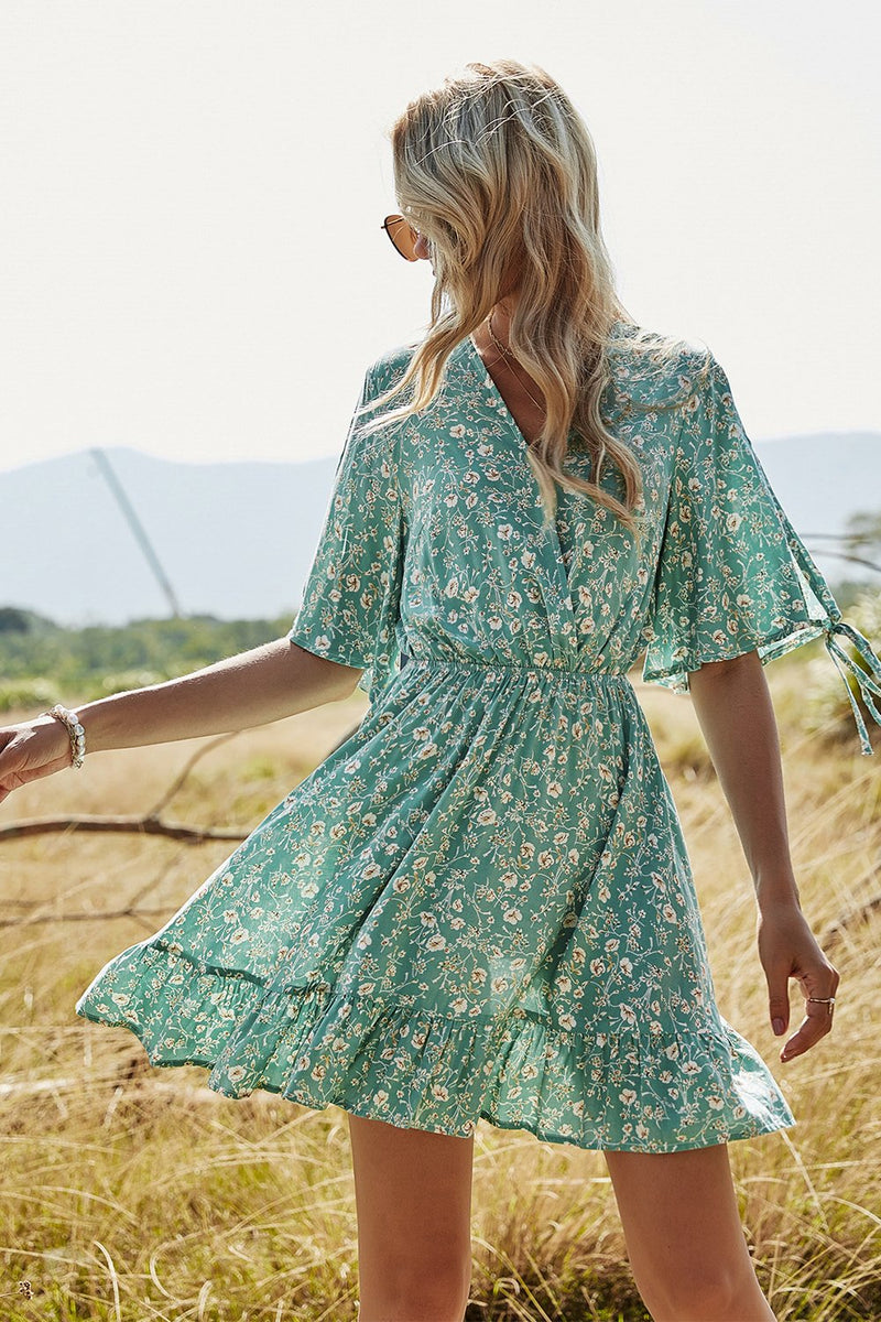 Load image into Gallery viewer, Green Floral Print Summer Dress