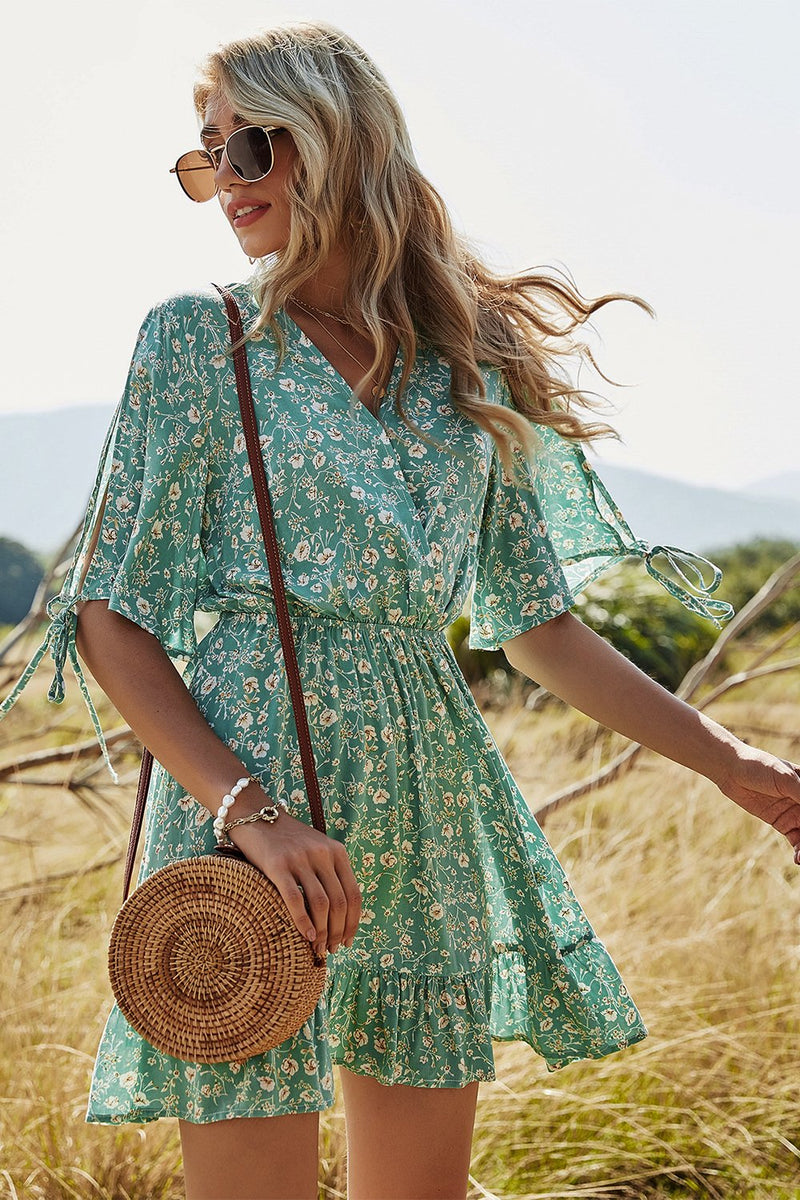 Load image into Gallery viewer, Green Floral Print Summer Dress