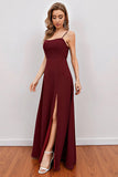 Burgundy Spaghetti Straps Long Bridesmaid Dress with Split