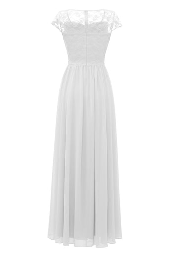 Elegant White Long Lace Dress with Cap Sleeves