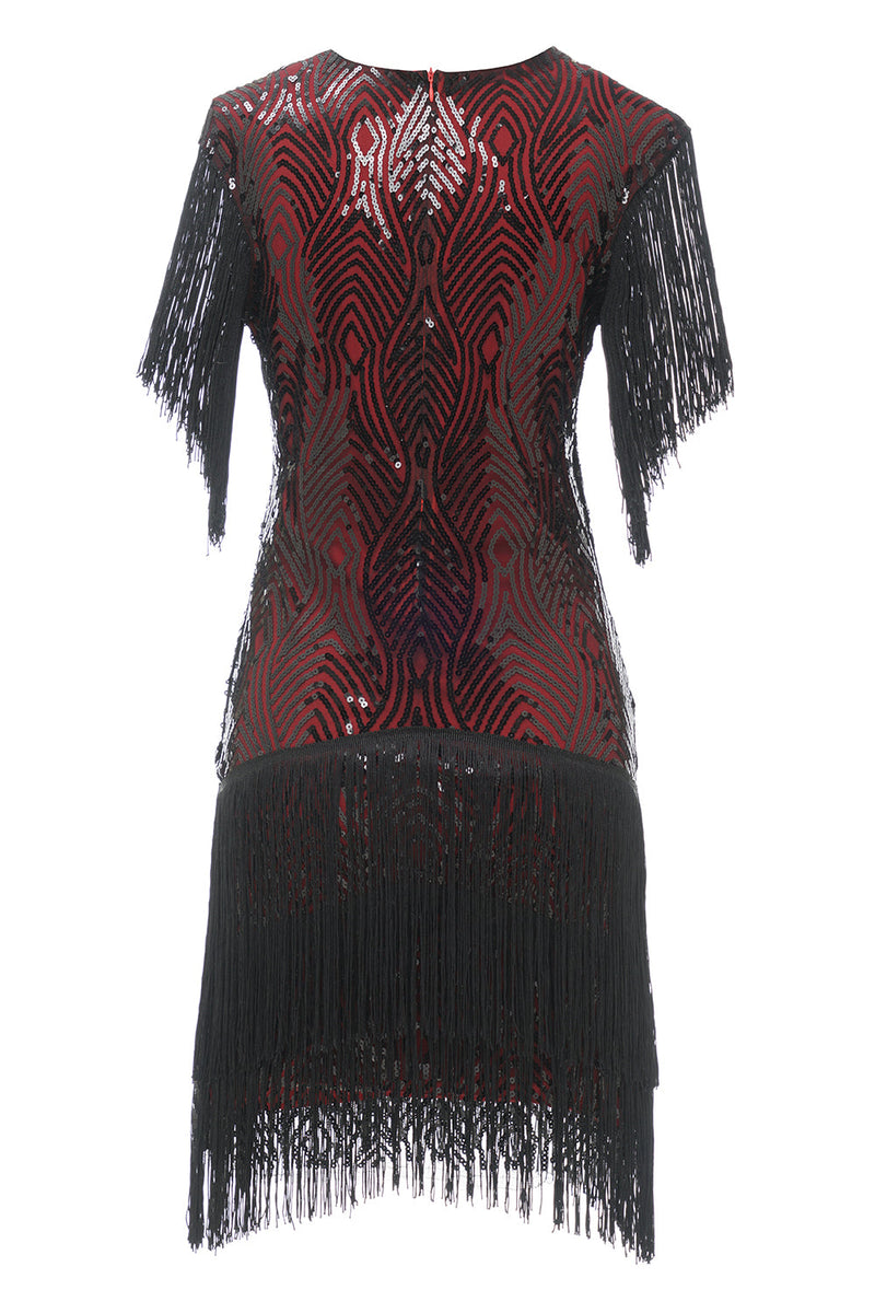 Load image into Gallery viewer, Black Red V Neck 1920s Gatsby Dress