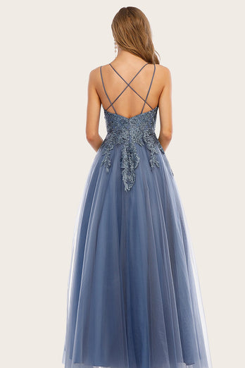Dusty Blue Long Prom Dress with Lace