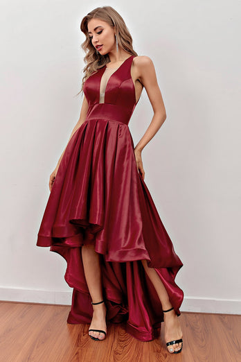 Burgundy High Low Prom Dress with Pockets