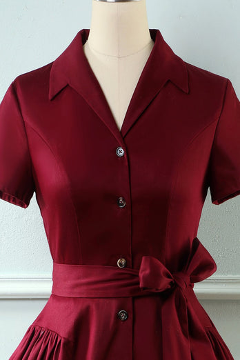 V Neck Burgundy Vintage Dress with Short Sleeves