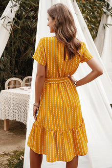 Yellow Striped Midi Casual Dress