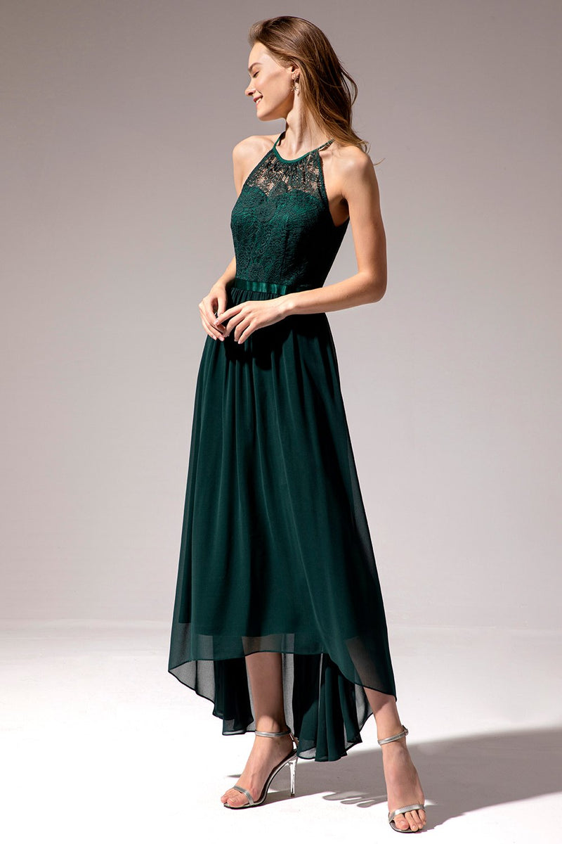 Zapaka Women Dark Green Long Chiffon Bridesmaid Dress Round Neck A