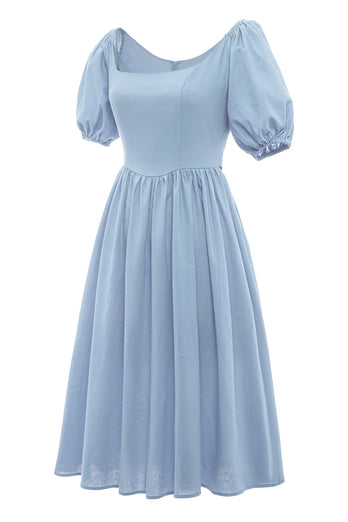 Retro Style Square Neck Blue Summer Dress