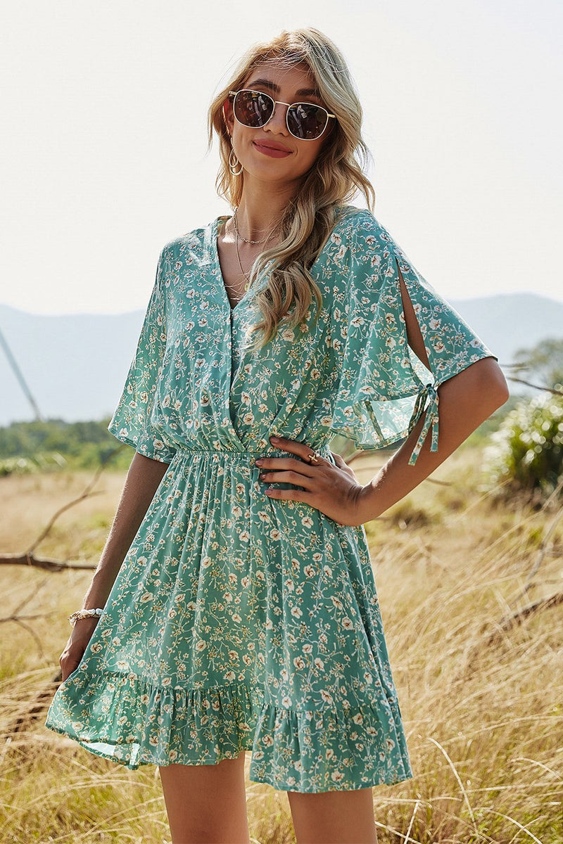 Load image into Gallery viewer, Green Floral Print Summer Dress