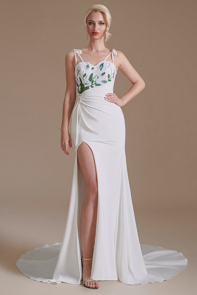 Load image into Gallery viewer, White Mermaid Backless Sweep Train Wedding Dress with Appliques