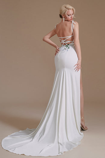 White Mermaid Backless Sweep Train Wedding Dress with Appliques