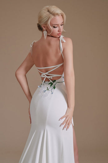 White Mermaid Backless Sweep Train Wedding Dress with Appliques