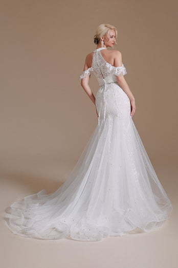 White Mermaid Halter Sweep Train Wedding Dress with Lace