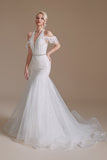 White Mermaid Halter Sweep Train Wedding Dress with Lace