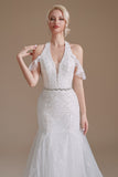 White Mermaid Halter Sweep Train Wedding Dress with Lace