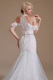 White Mermaid Halter Sweep Train Wedding Dress with Lace