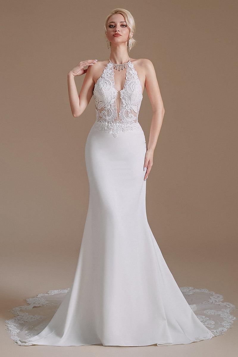 Load image into Gallery viewer, White Mermaid Halter Backless Sweep Train Wedding Dress with Lace