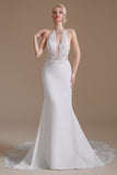 White Mermaid Halter Backless Sweep Train Wedding Dress with Lace