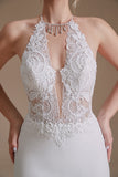 White Mermaid Halter Backless Sweep Train Wedding Dress with Lace