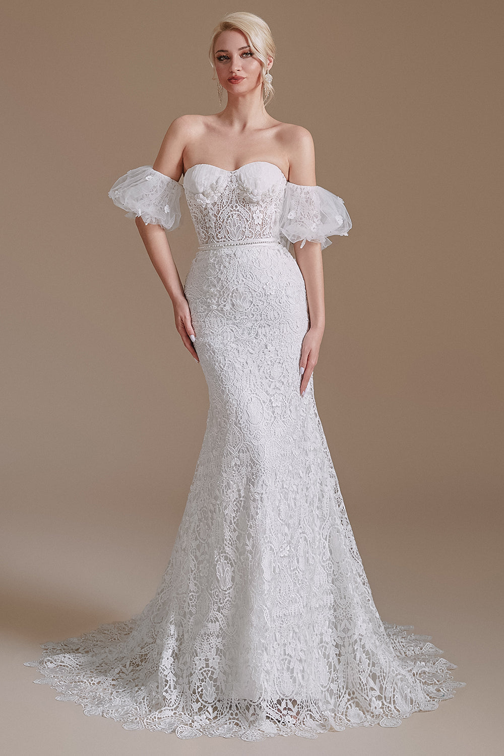 Zapaka Women Wedding Dress White Mermaid Detachable Puff Sleeves Sweep  Train Lace Bridal Dress – Zapaka CA