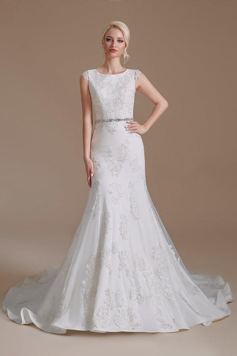 Load image into Gallery viewer, White Mermaid Cap Sleeves Bridal Dress with Lace