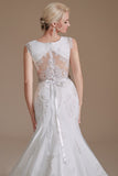 White Mermaid Cap Sleeves Bridal Dress with Lace