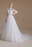 White A-Line High Neck Long Sleeves Wedding Dress with Lace