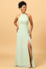 Load image into Gallery viewer, A Line Halter Dusty Sage Long Bridesmaid Dress with Open Back