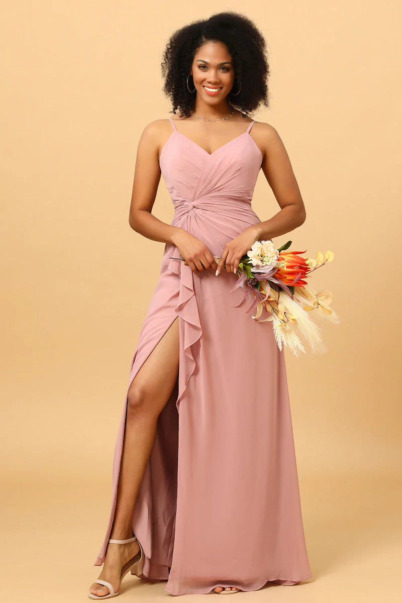 Load image into Gallery viewer, A Line Spaghetti Straps Blush Long Bridesmaid Dress with Split Front
