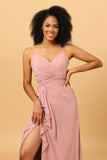 A Line Spaghetti Straps Blush Long Bridesmaid Dress with Split Front