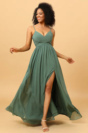 A Line Spaghetti Straps Eucalyptus Long Bridesmaid Dress with Split Front