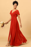 A Line V Neck Rust Long Bridesmaid Dress with Short Sleeves